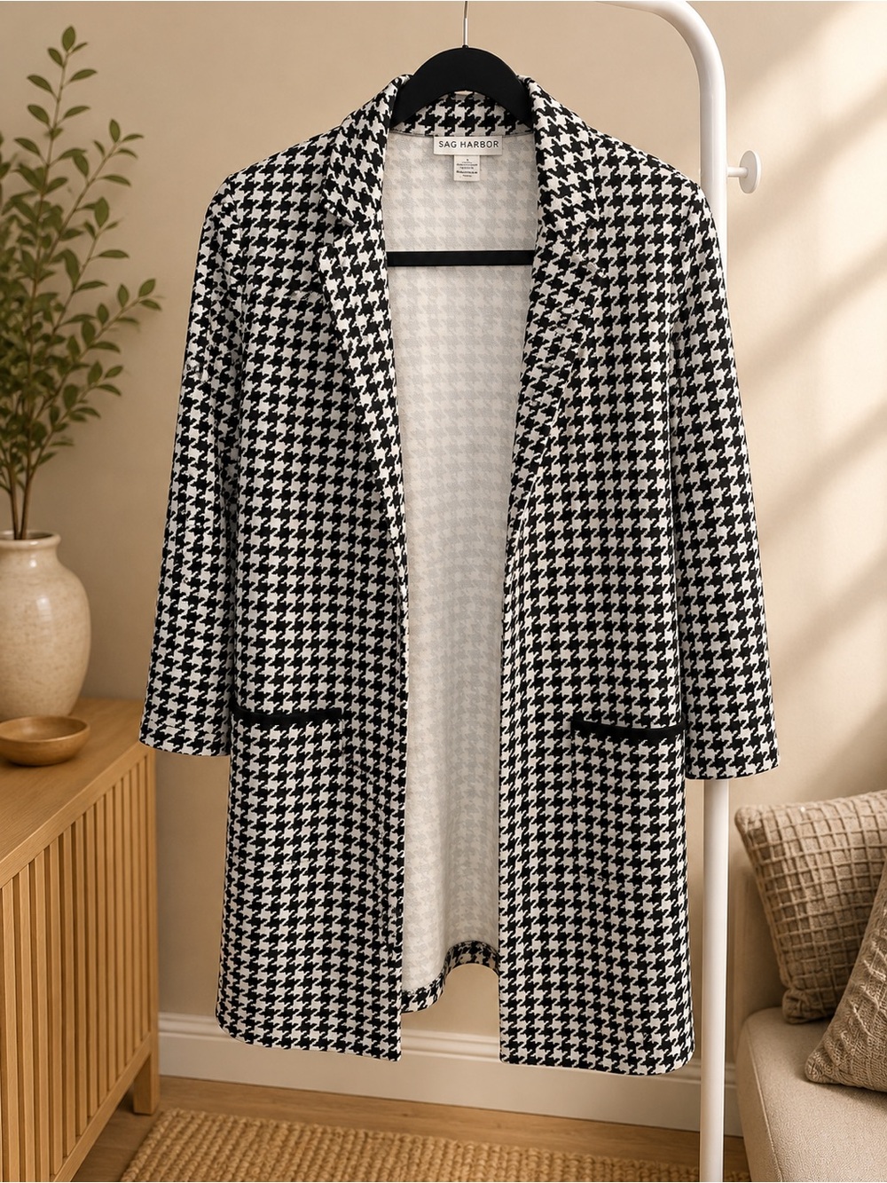 Sag Harbor Black and White Houndstooth Open-Front Blazer